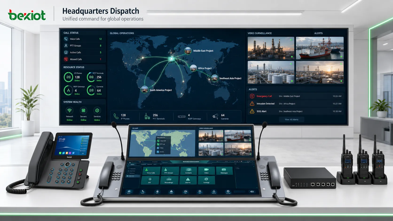 Headquarters dispatch console managing overseas IP phones PTT terminals ROIP gateways video surveillance and GIS