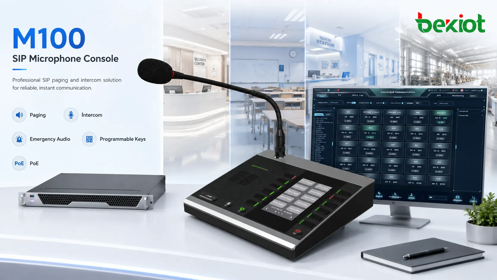 M100 SIP microphone console with gooseneck microphone programmable keys and desktop paging controls