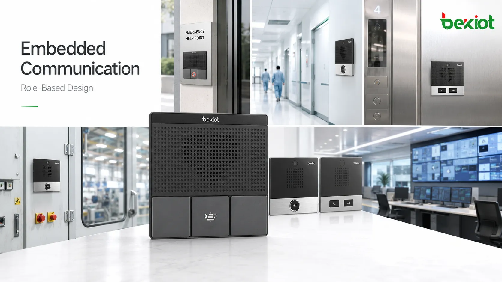 Embedded communication equipment installed in wall panels control rooms cleanrooms elevator help points industrial cabinets and public emergency stations with clear system roles