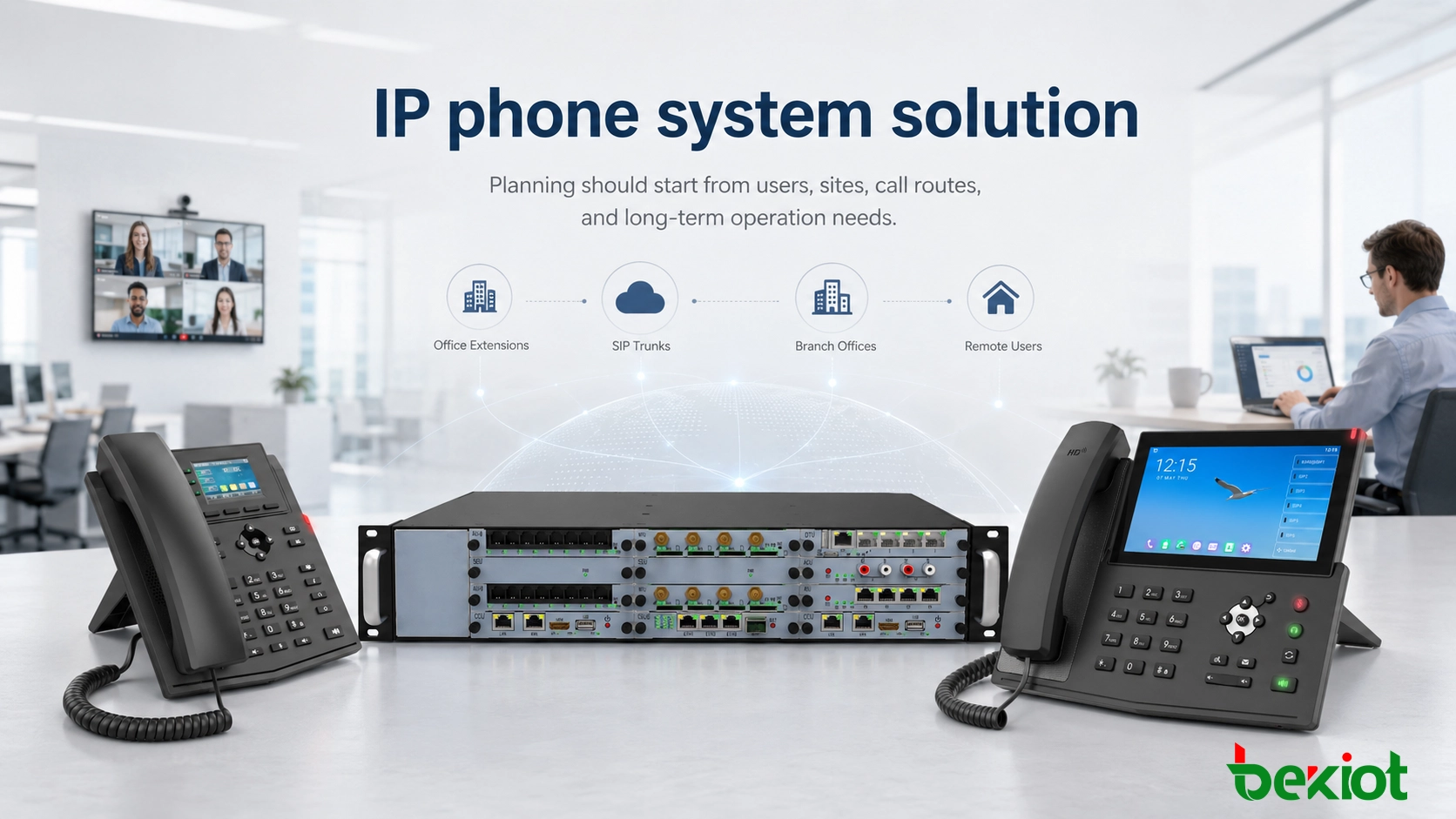 IP phone system solution connecting office extensions, SIP trunks, branch offices, and remote users