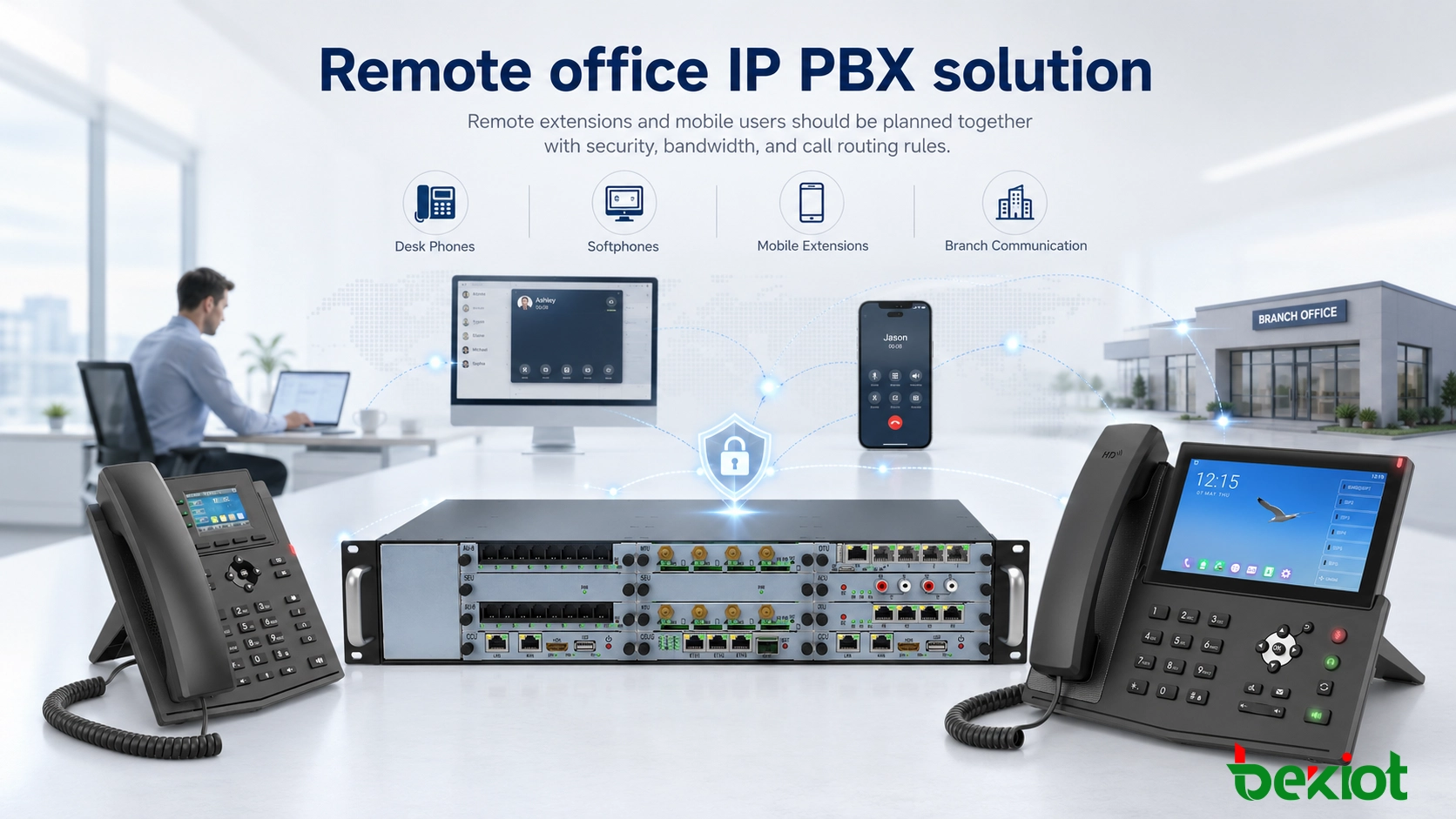 Remote office IP PBX solution with desk phones, softphones, mobile extensions, and branch communication