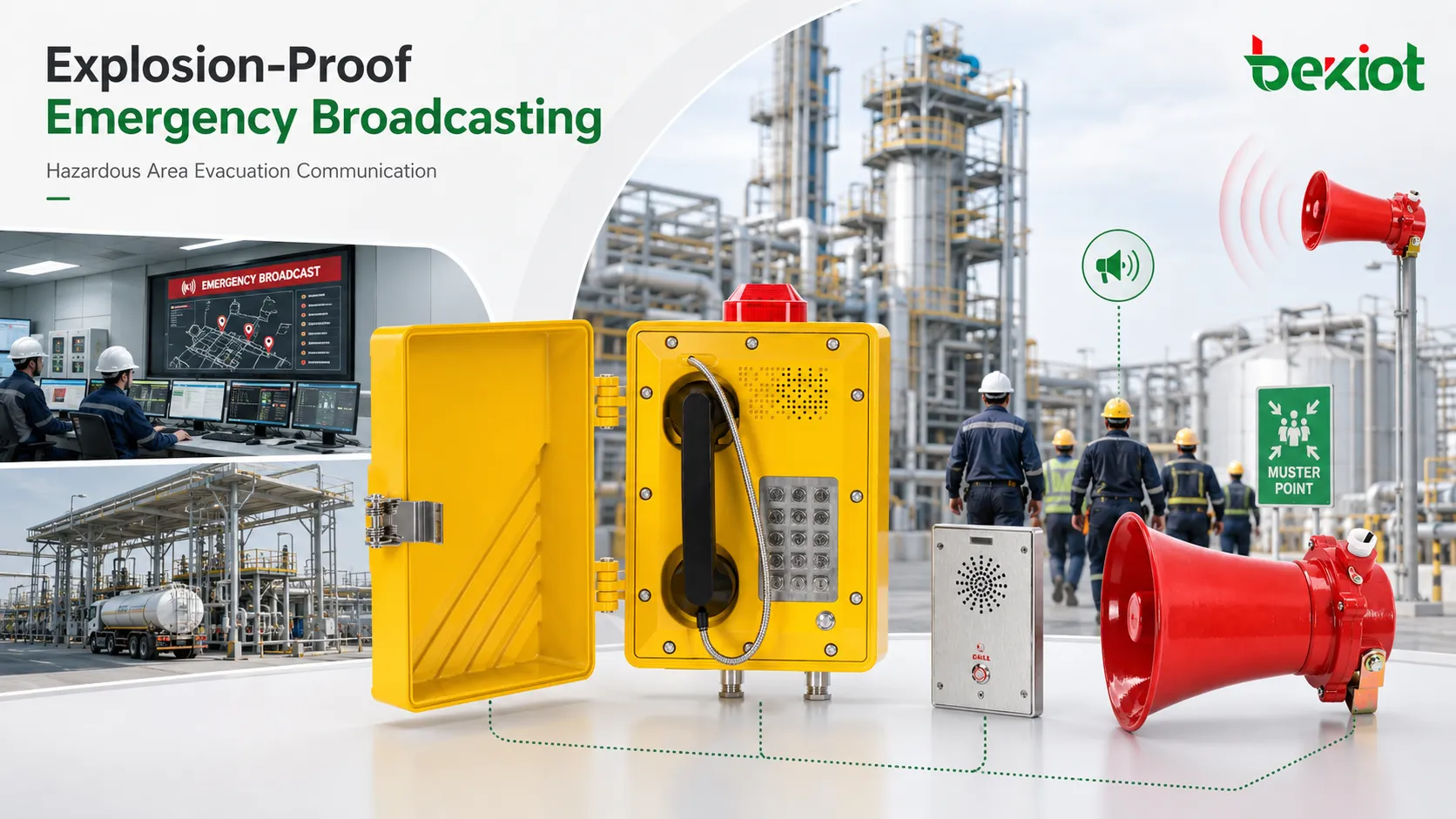 Explosion-proof telephone emergency evacuation broadcasting in hazardous industrial area showing field telephone control room paging speakers alarm linkage and workers moving to muster point