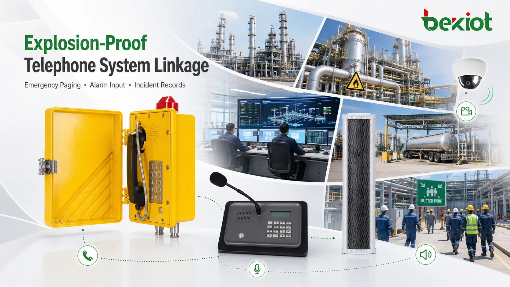 Explosion-proof telephone system linkage showing EX field telephone alarm input dispatch platform emergency paging zone horn speaker and incident recording workflow
