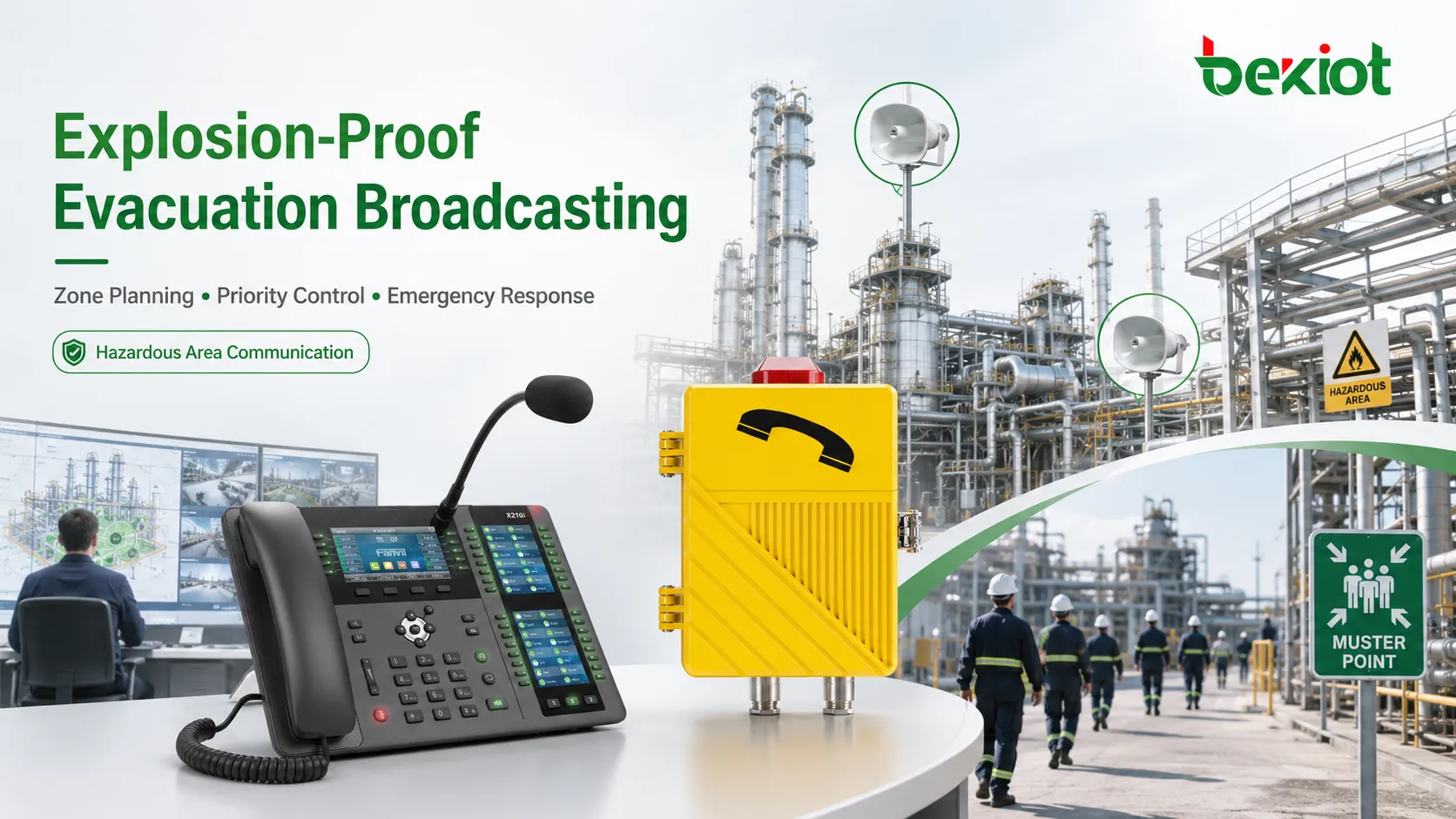 Explosion-proof telephone evacuation broadcasting design showing hazardous area classification zone planning audio intelligibility priority control and emergency response procedure