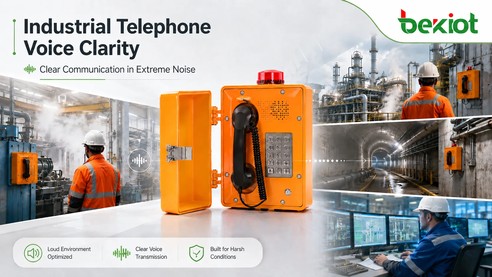 Industrial telephone voice clarity in noisy factory environment showing worker using rugged phone control room operator microphone pickup noise suppression and clear speech transmission