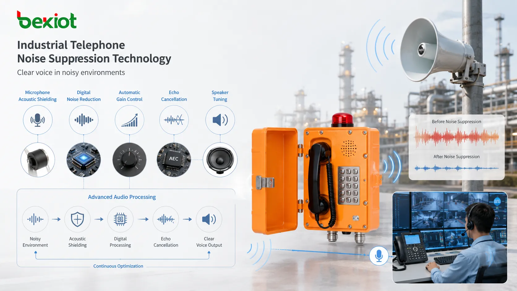 Industrial telephone noise suppression technology showing microphone acoustic shielding digital noise reduction automatic gain control echo cancellation and speaker tuning