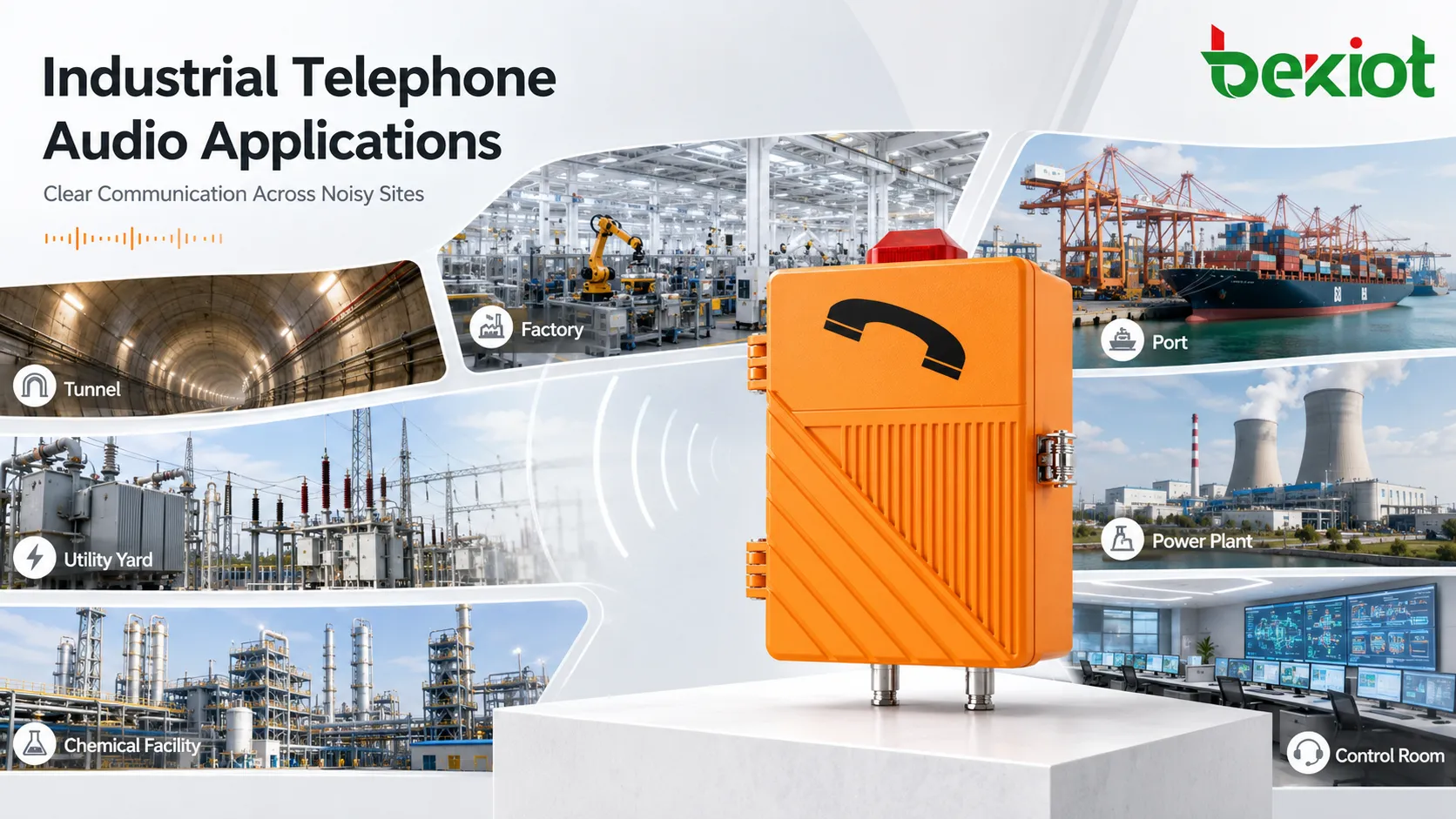 Industrial telephone audio application scenarios showing factory workshop tunnel port outdoor yard power plant chemical facility and control room communication