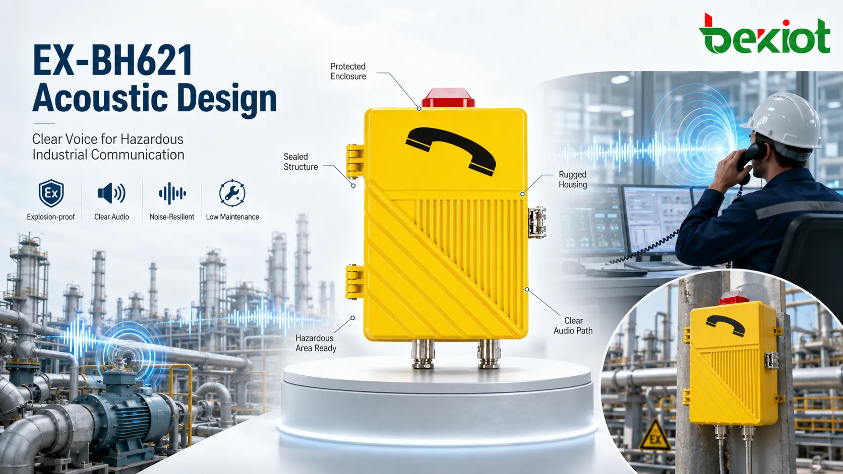 Explosion-proof telephone acoustic design in hazardous industrial area showing protected enclosure handset microphone speaker outlet noise source and control room communication
