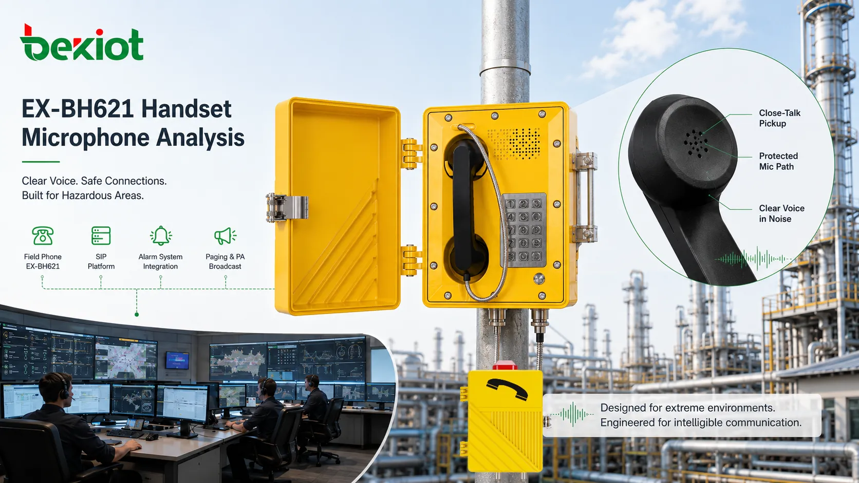 Explosion-proof telephone handset microphone design showing close-talk voice pickup protected microphone opening rugged handset cable and noisy industrial background