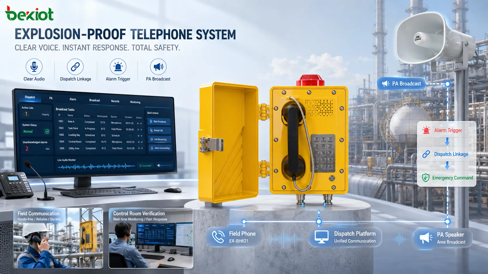 Explosion-proof telephone system audio integration showing hazardous area phone dispatch console alarm system SIP platform paging speaker and clear voice communication workflow
