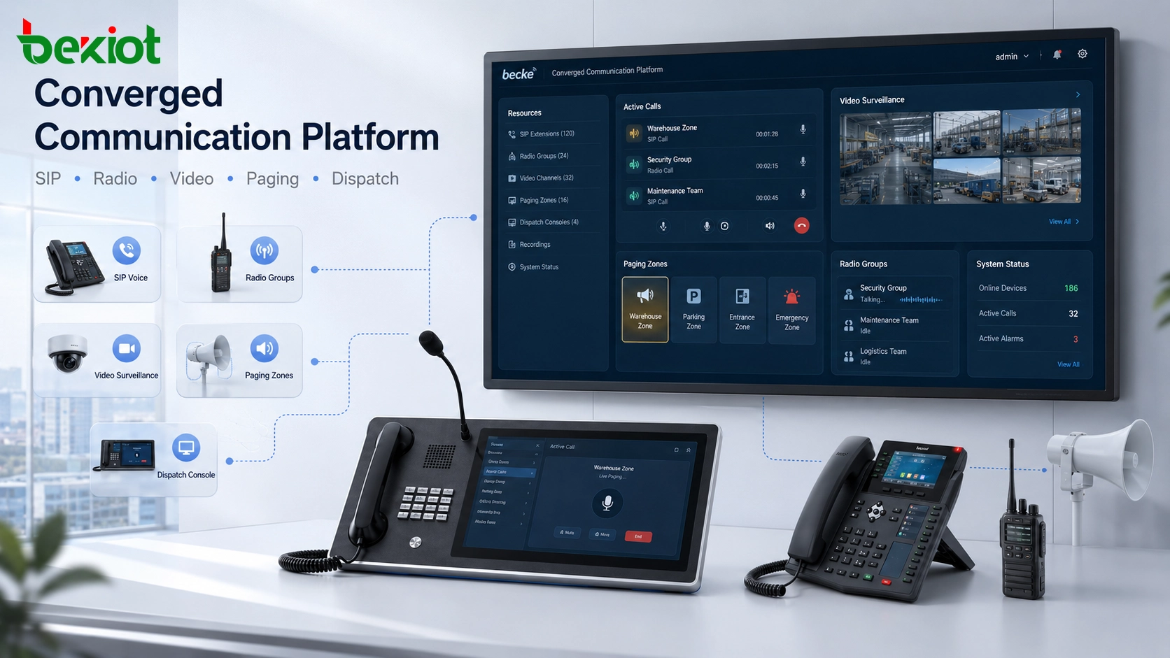 Converged communication platform interface connecting SIP voice radio video paging and dispatch resources