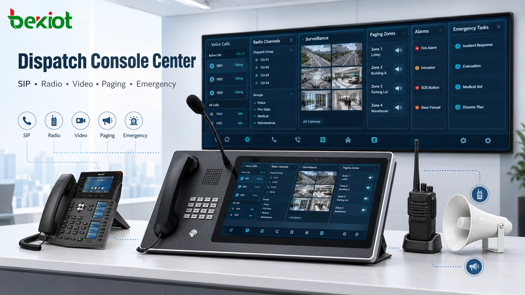 Dispatch console managing SIP phones radio access video surveillance paging and emergency communication