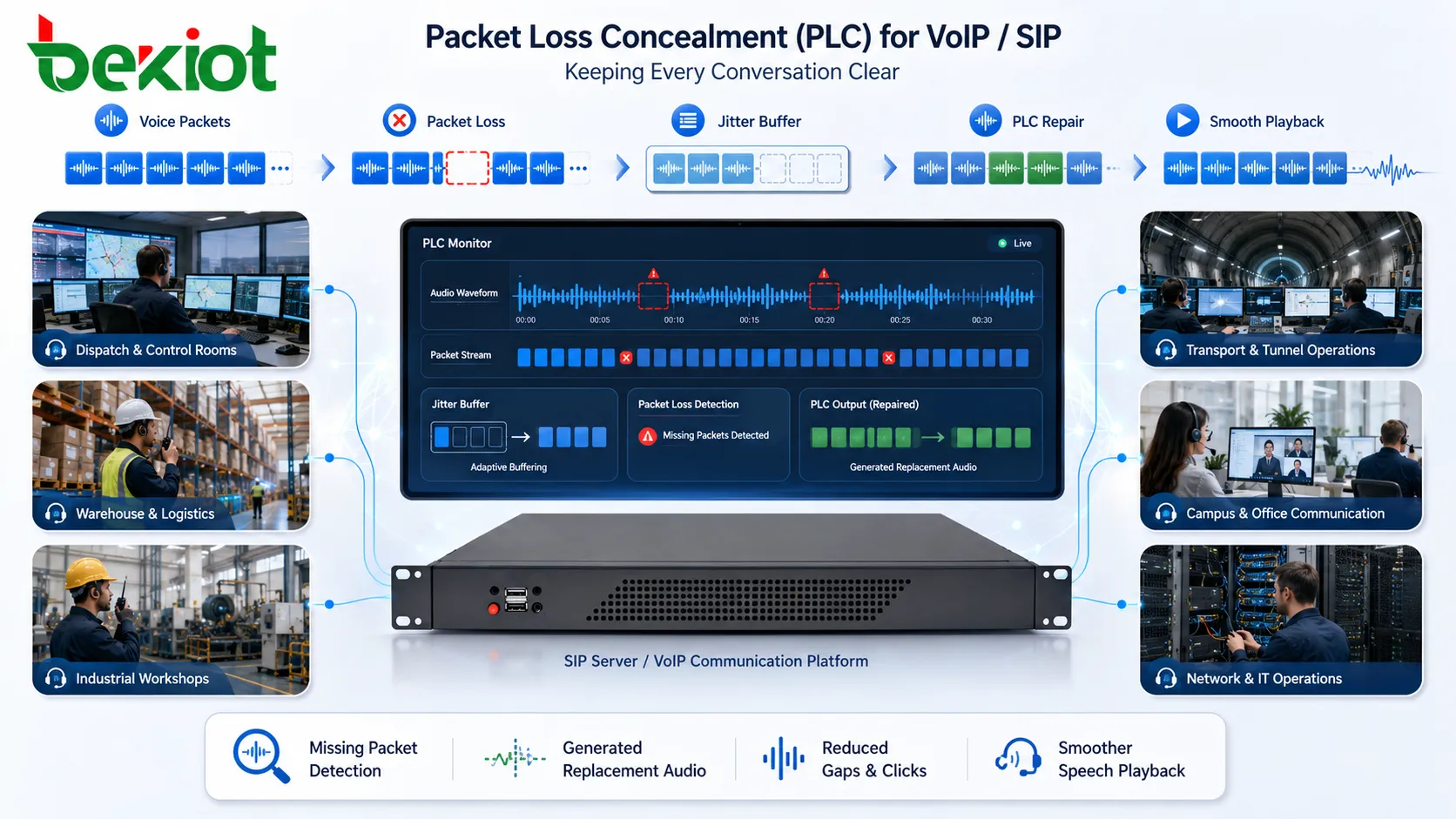 Packet Loss Concealment audio repair showing VoIP voice packets missing packet detection generated replacement audio jitter buffer and smoother speech playback