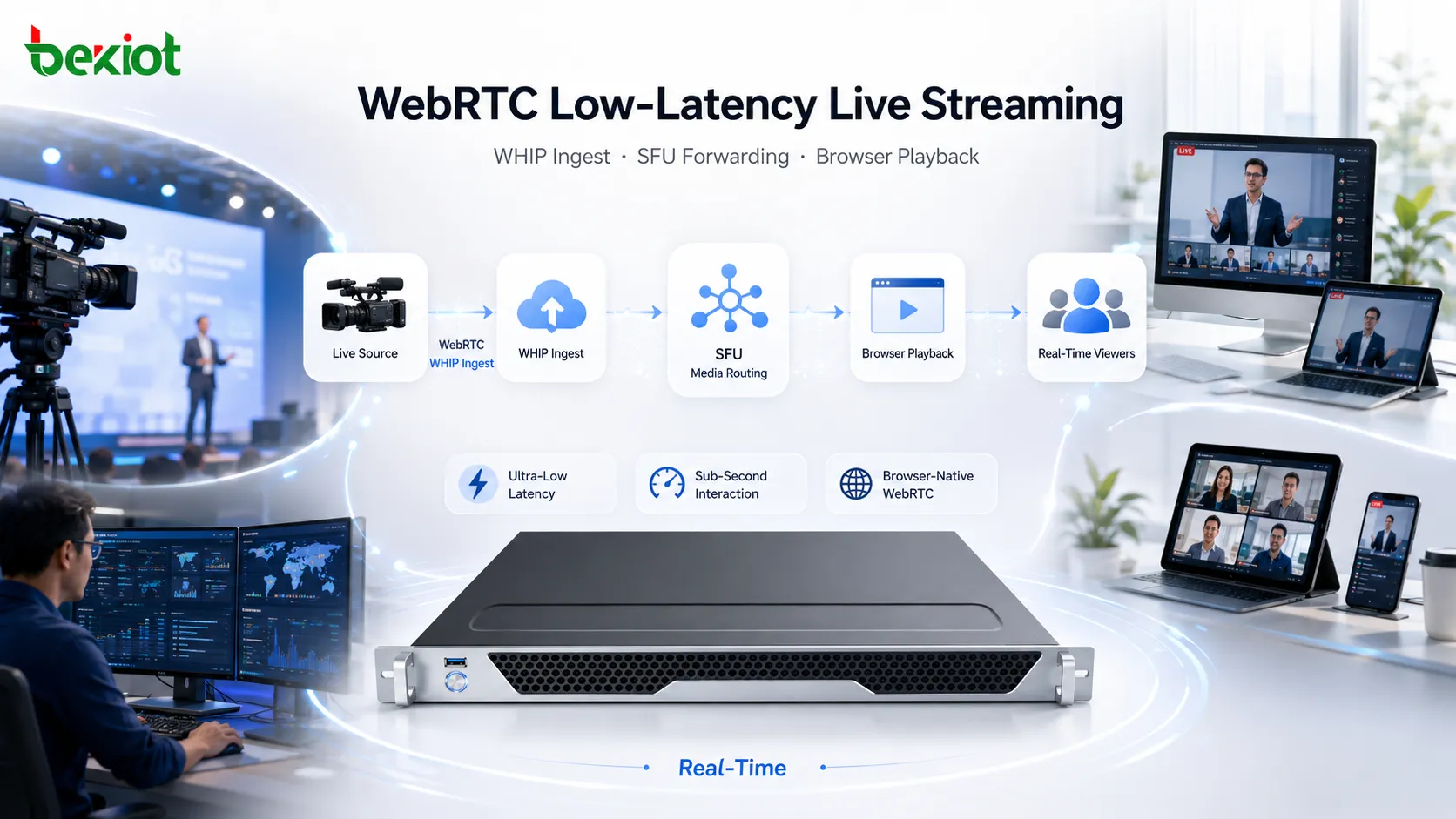 WebRTC low-latency live streaming architecture with WHIP ingest, SFU media routing and browser playback