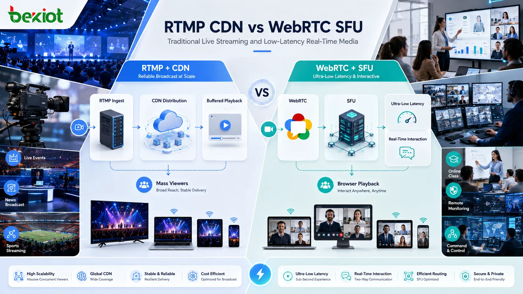 RTMP CDN live streaming architecture compared with WebRTC SFU low latency streaming architecture