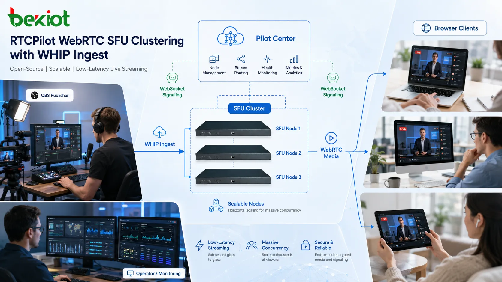 WebRTC WHIP ingest and SFU cluster architecture with Pilot Center SFU nodes OBS publisher and browser clients