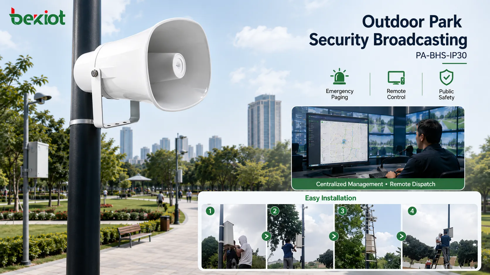 PA-BHS-IP30 SIP horn loudspeaker installed in an Indonesia urban park for outdoor emergency broadcasting and security communication