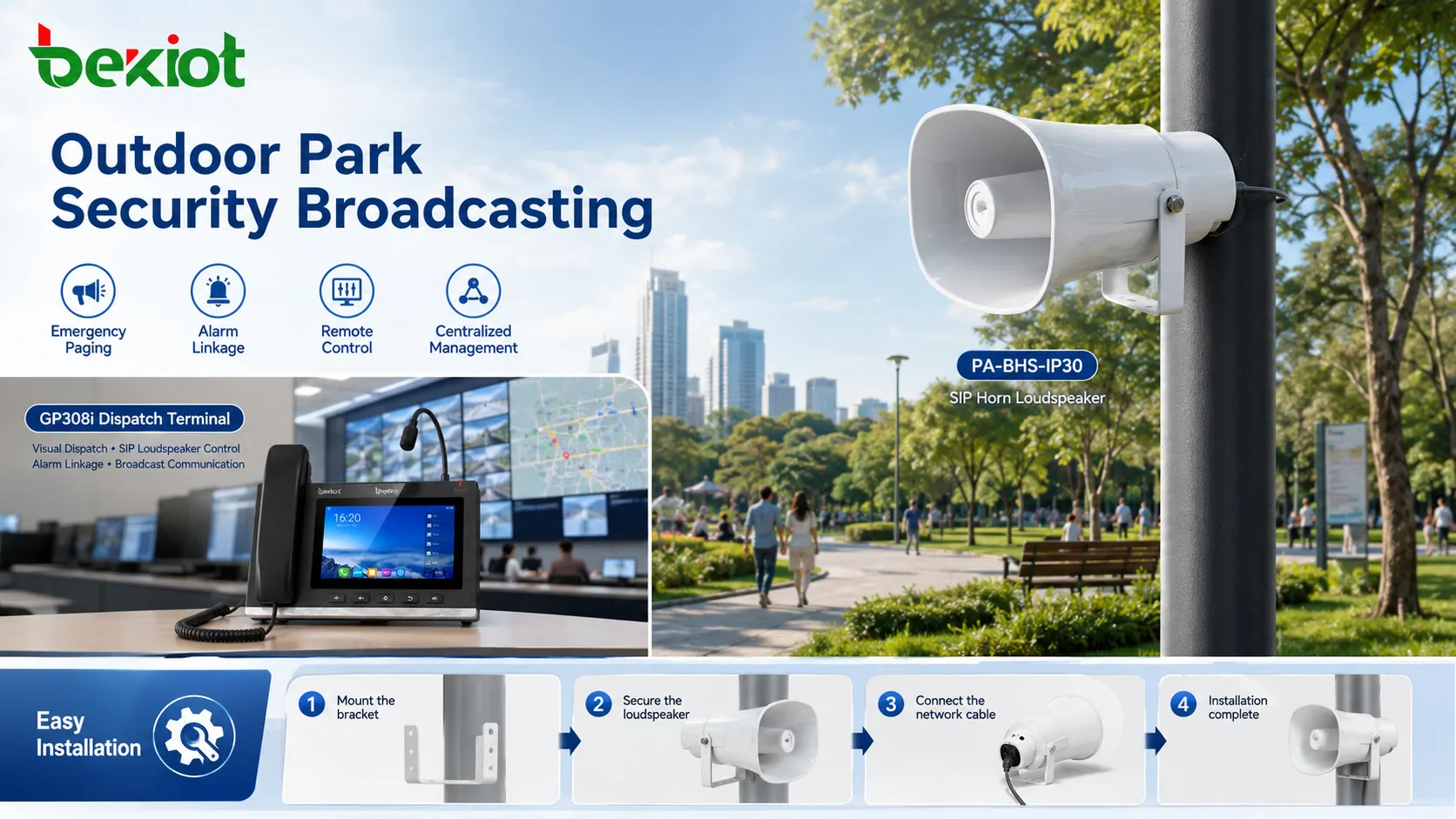 GP308i desktop visual dispatch terminal managing SIP loudspeakers alarm linkage and outdoor park broadcast communication