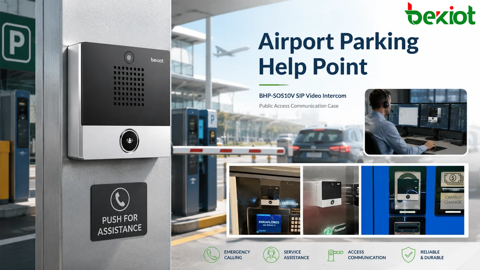 BHP-SOS10V SIP video intercom installed at an airport parking payment and access area for help-point calling