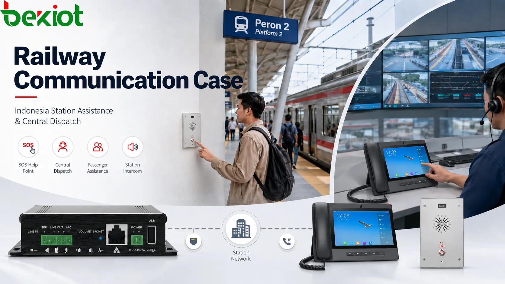 Becke Telcom railway communication system deployed at an Indonesia commuter train station with SOS intercom points and monitoring center dispatch