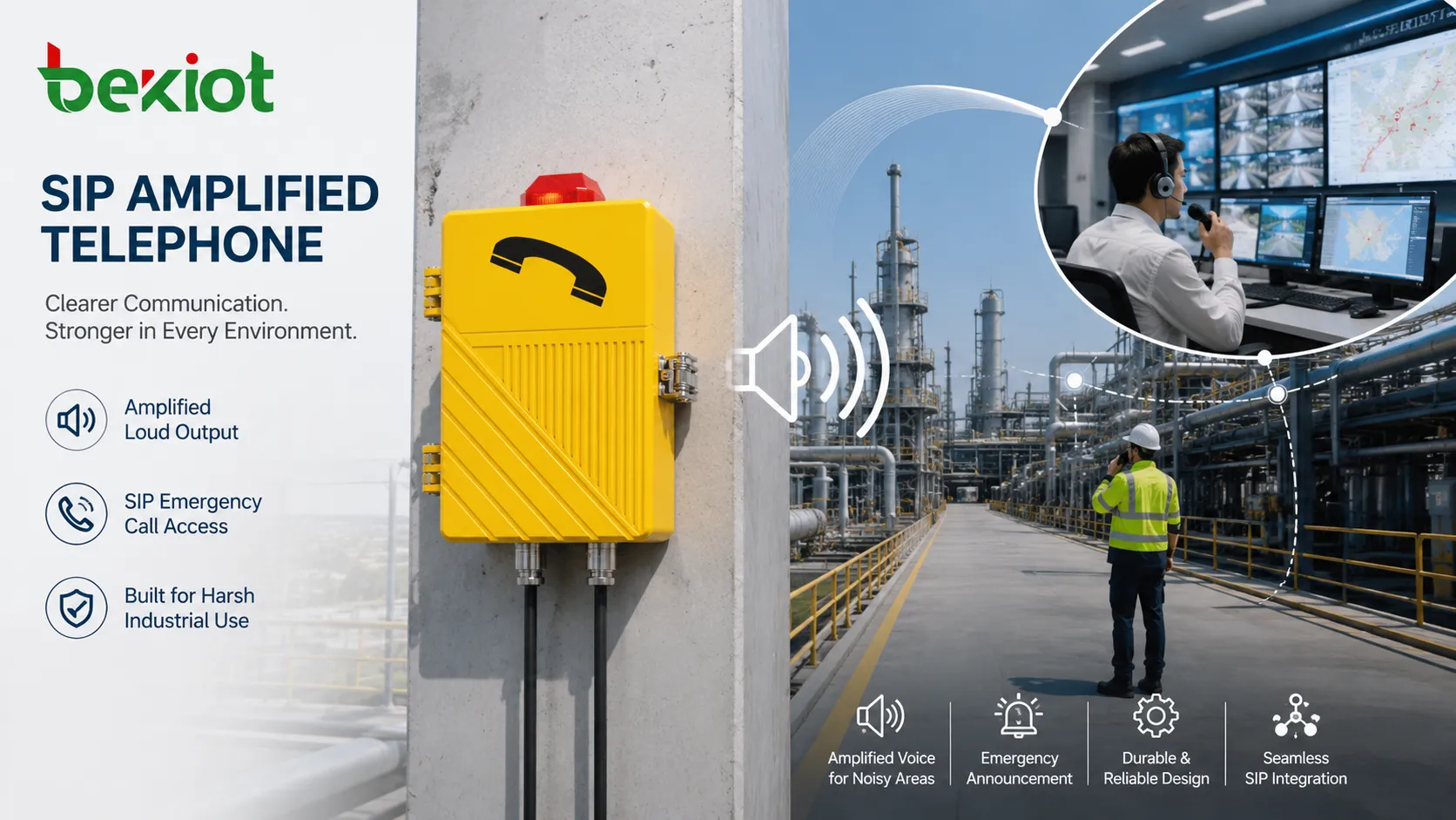 SIP amplified telephone emergency field support showing industrial wall-mounted phone control room operator loud voice output paging alert and field worker communication