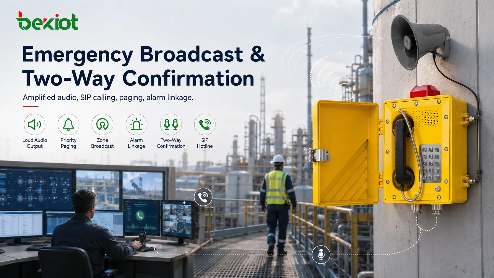 SIP amplified telephone emergency capabilities showing loud audio output SIP hotline call priority paging zone broadcast alarm linkage and two-way confirmation