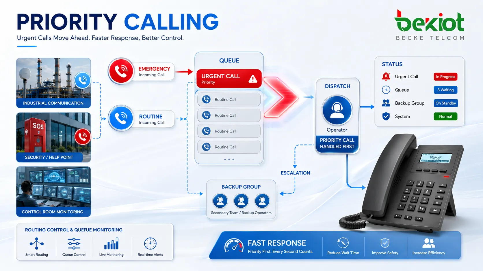 Priority calling queue routing control showing emergency call moving ahead of routine calls dispatch operator escalation path backup group and call status indicators