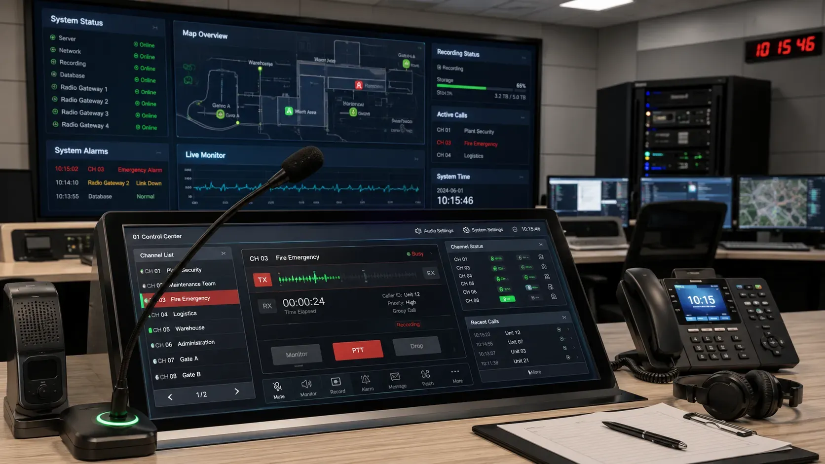 Professional radio dispatch control center with touchscreen console, PTT microphone, channel monitoring and recording interface