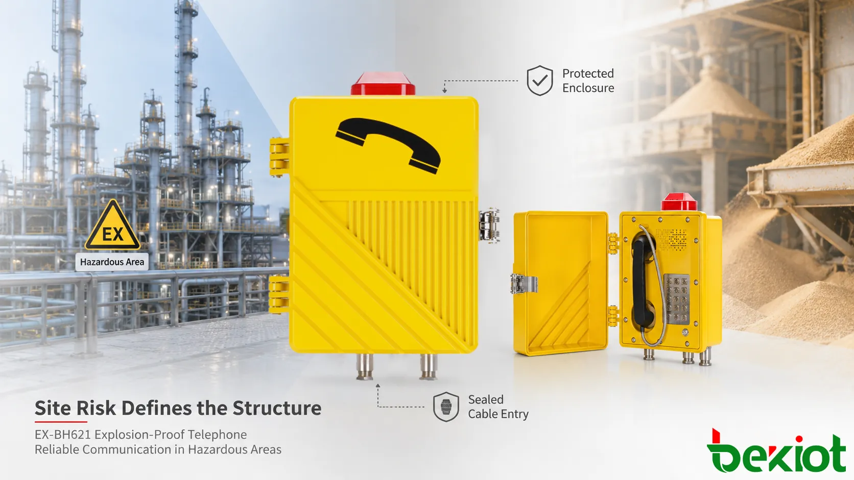 Explosion-proof telephone structural design showing hazardous gas area combustible dust area protected enclosure cable entry flame path circuit board and control room communication
