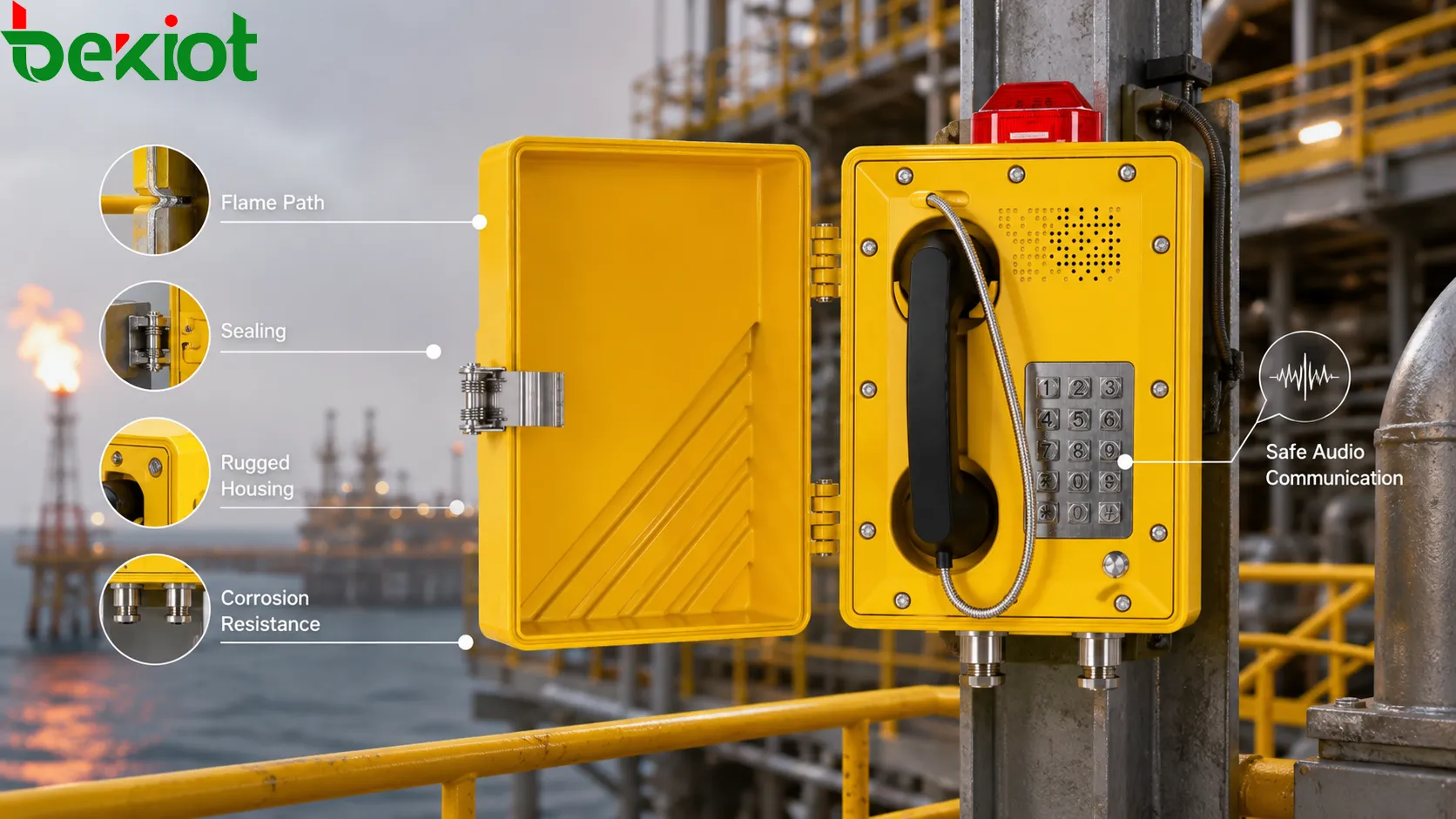 Explosion-proof telephone material design showing corrosion-resistant metal enclosure sealed handset rugged buttons cable gland gasket surface treatment and harsh industrial environment