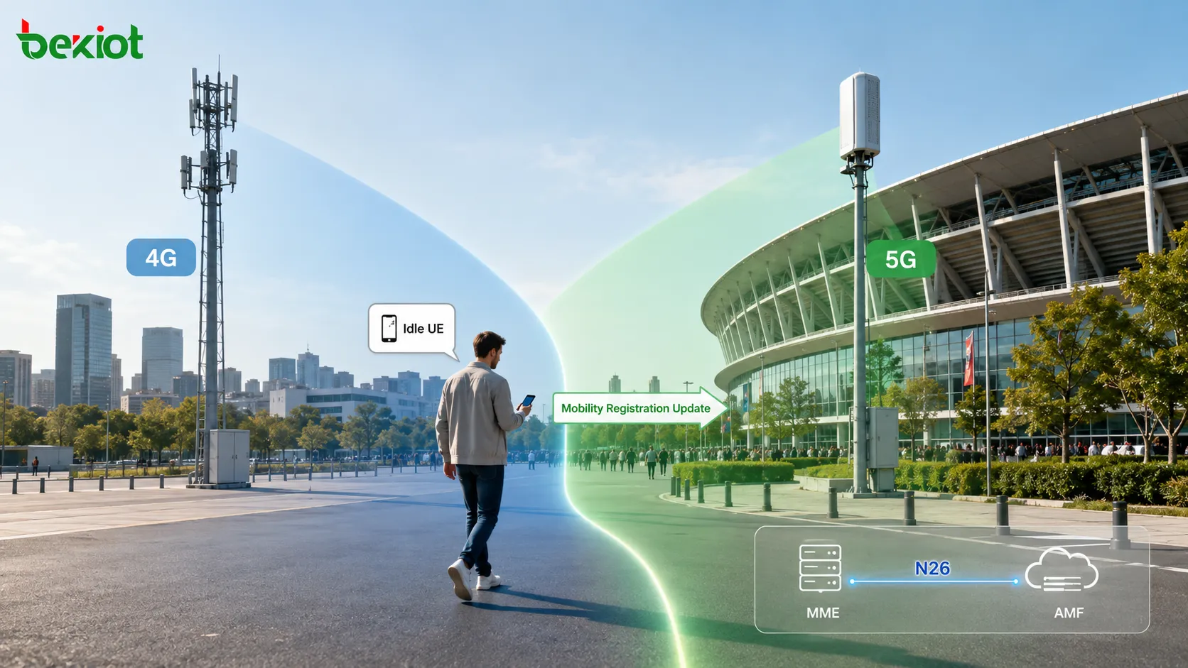 Idle mobility from 4G to 5G showing UE moving from LTE eNodeB coverage to 5G gNodeB coverage with MME AMF N26 interface and mobility registration update