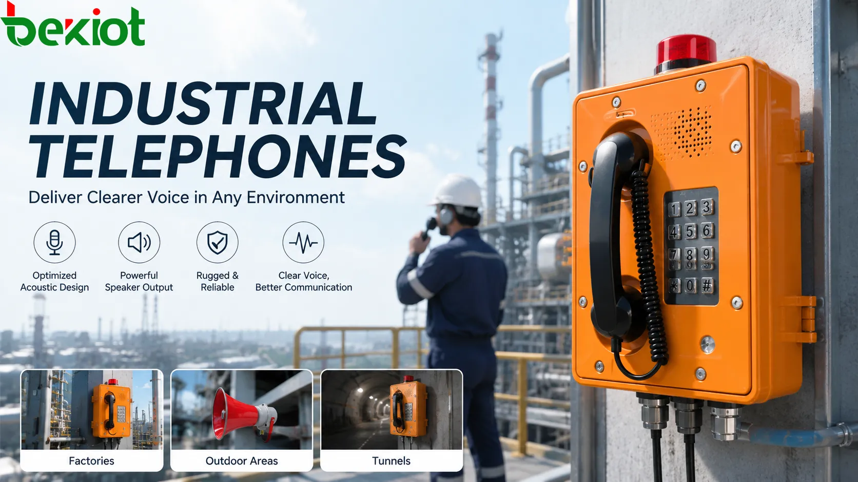 Industrial telephone improving voice clarity in noisy factory with worker using rugged handset near machinery and control room operator receiving clearer speech