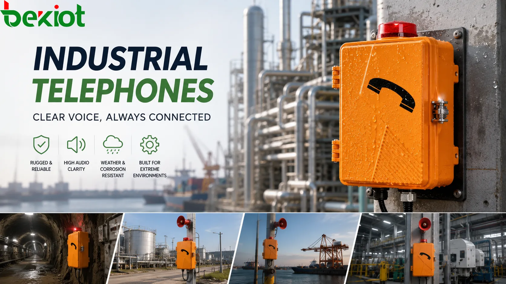 Rugged industrial telephone hardware supporting voice clarity with protected handset cable sealed enclosure stable terminals speaker receiver and industrial wall installation