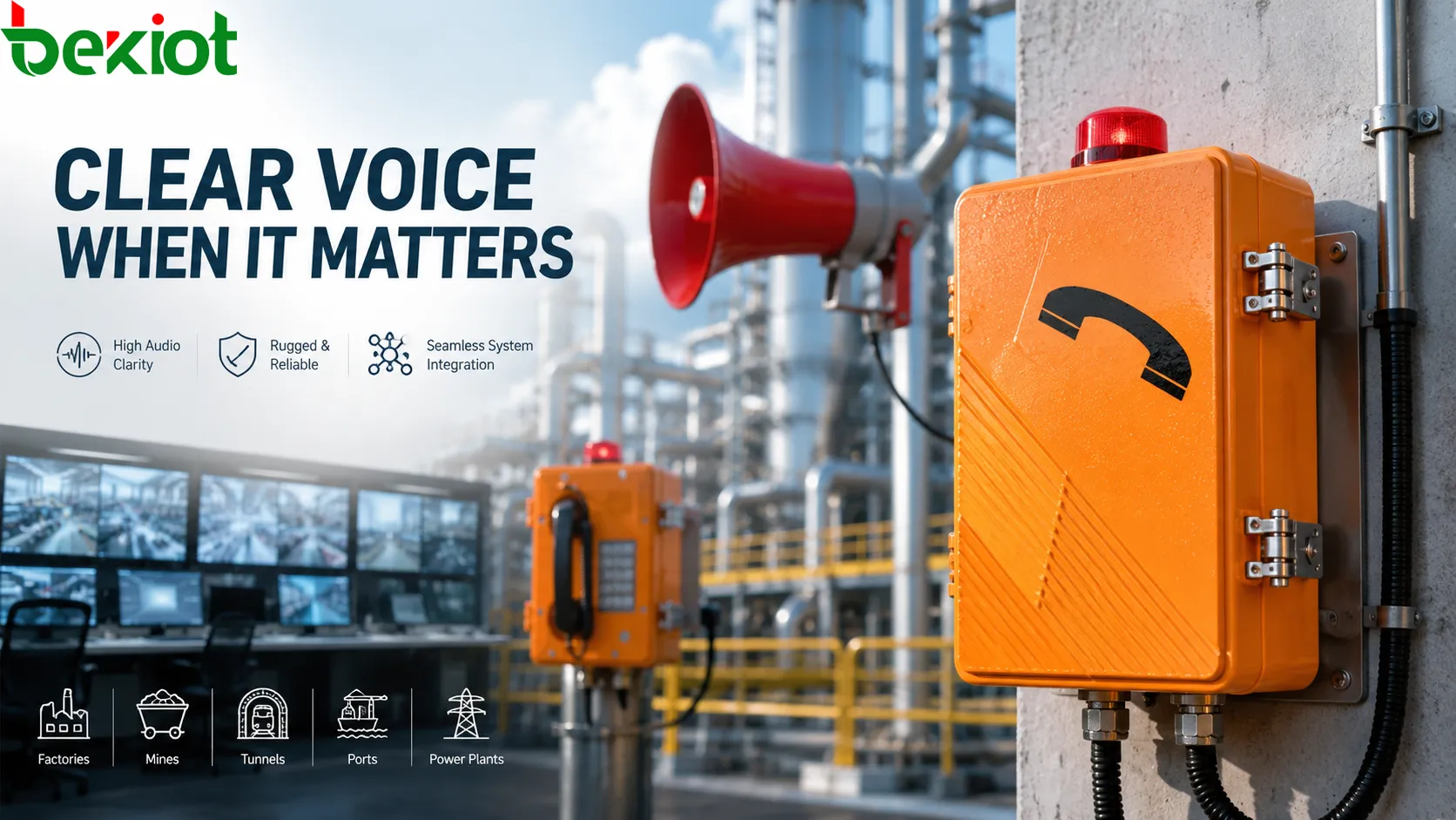 Industrial telephone installation and audio testing showing wall-mounted phone worker speaking control room listening noise source placement network connection and maintenance inspection