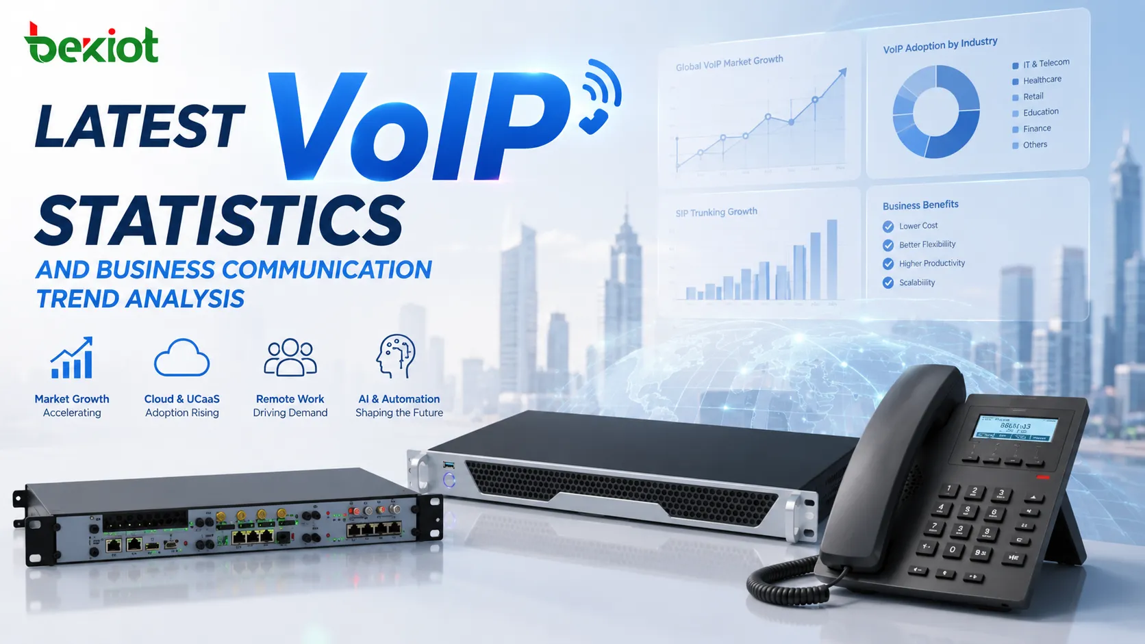 VoIP statistics showing cloud phone systems, SIP trunking, remote work, unified communications, and AI voice platforms driving enterprise communication growth