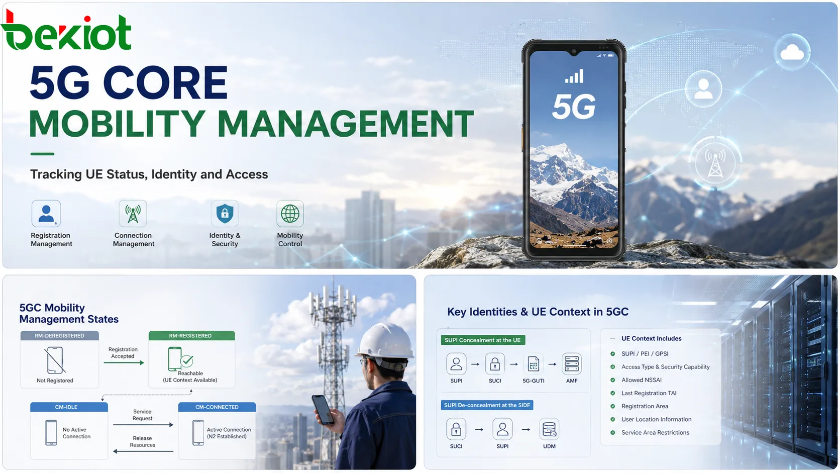 5GC mobility management diagram showing RM registered state, RM deregistered state, CM idle state, CM connected state and AMF UE Context creation