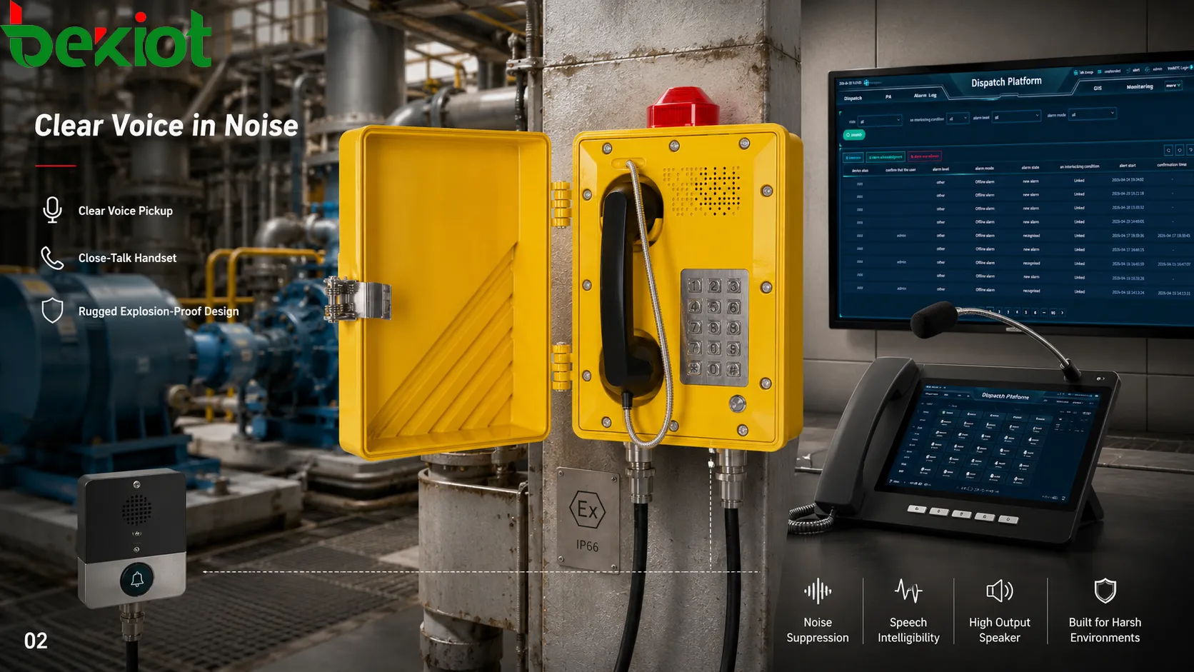 Explosion-proof public address station voice clarity design showing microphone pickup close-talk handset speaker output noise control rugged enclosure and hazardous industrial communication