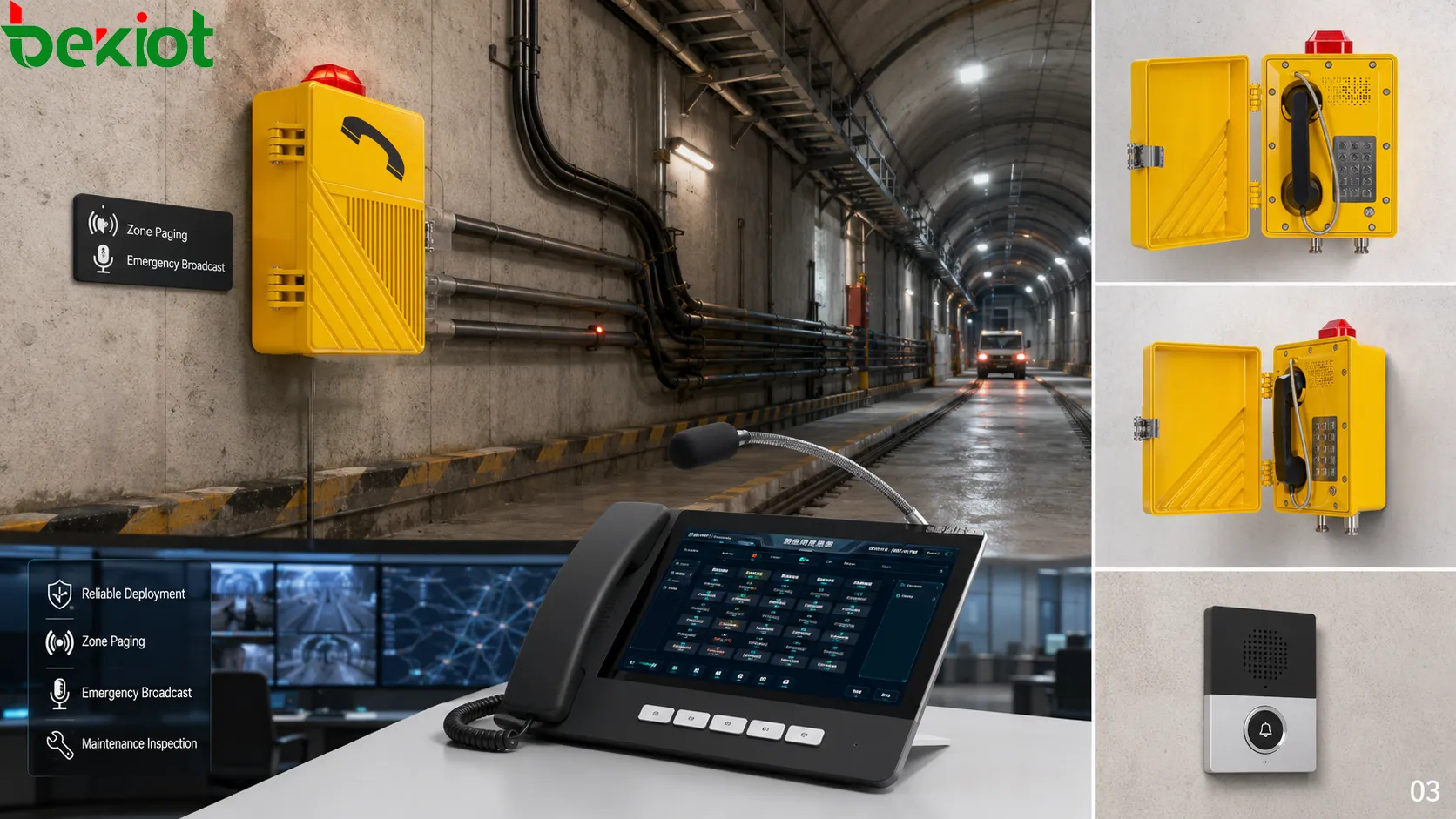 Explosion-proof public address station deployment showing hazardous area zone paging control room operator PoE network alarm input speaker coverage and maintenance inspection