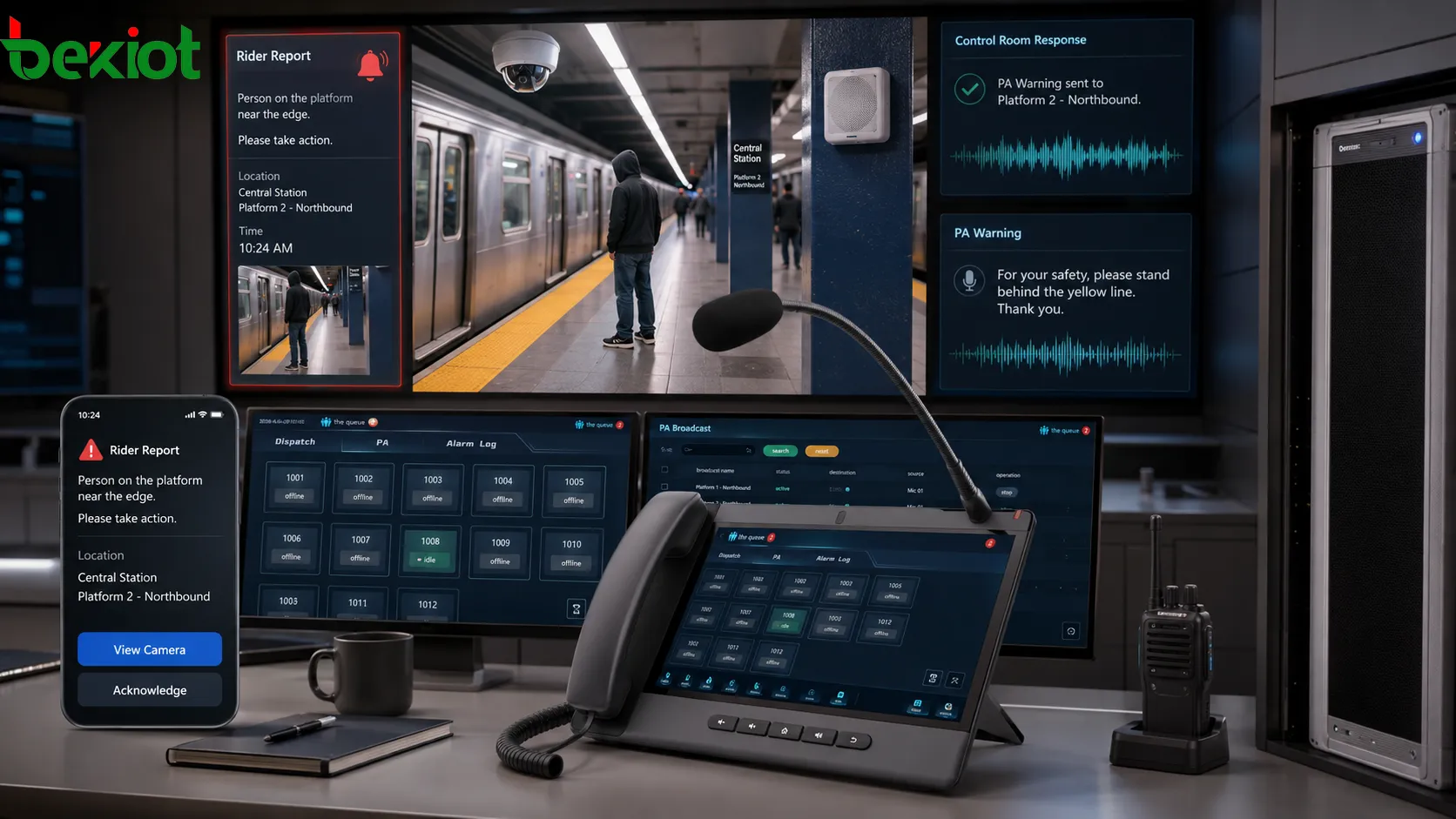 Transit control room receiving a rider safety report and sending a targeted PA message to a subway station platform