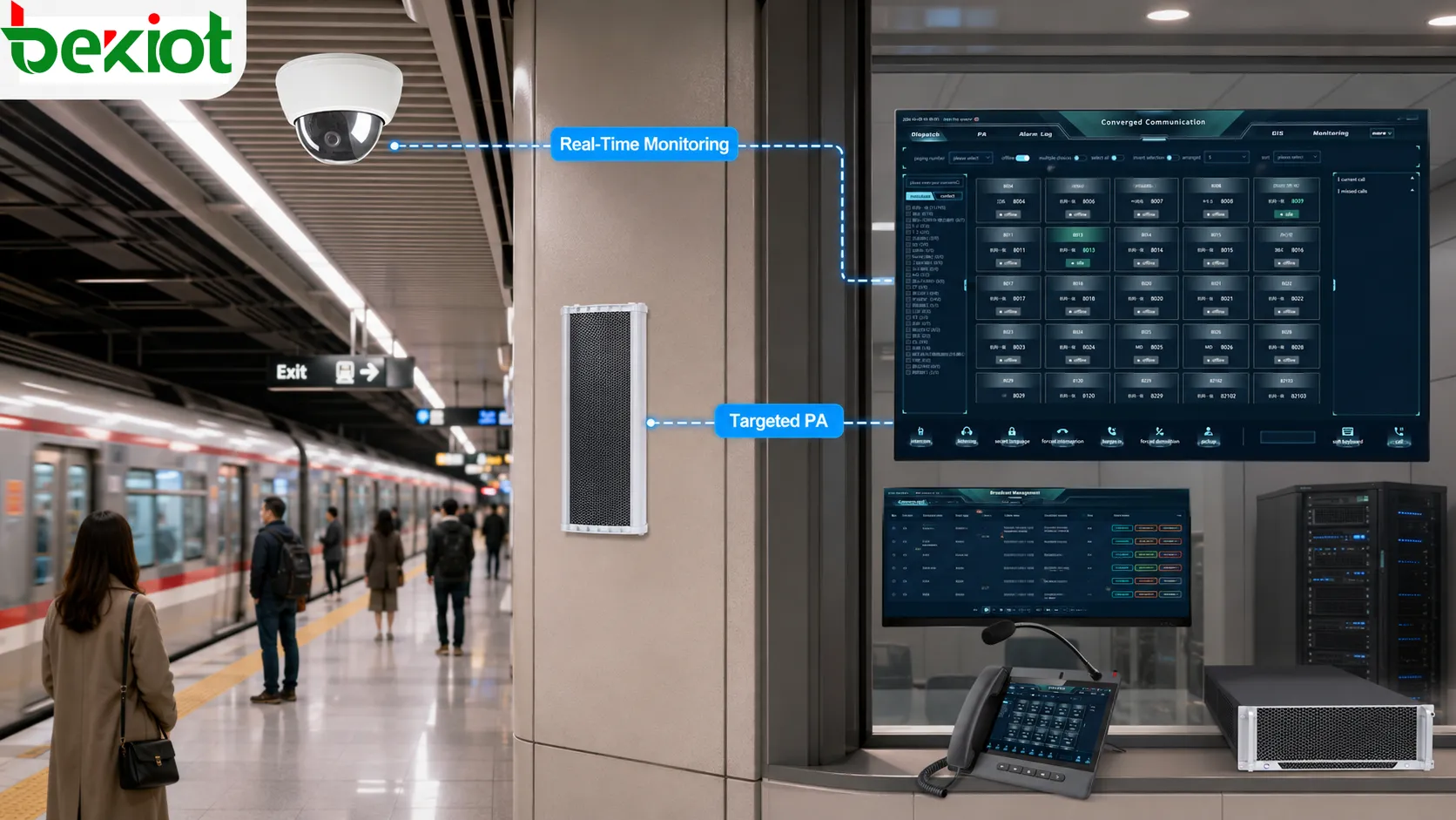 Subway station camera connected with a digital public address system for real-time safety monitoring and targeted announcements