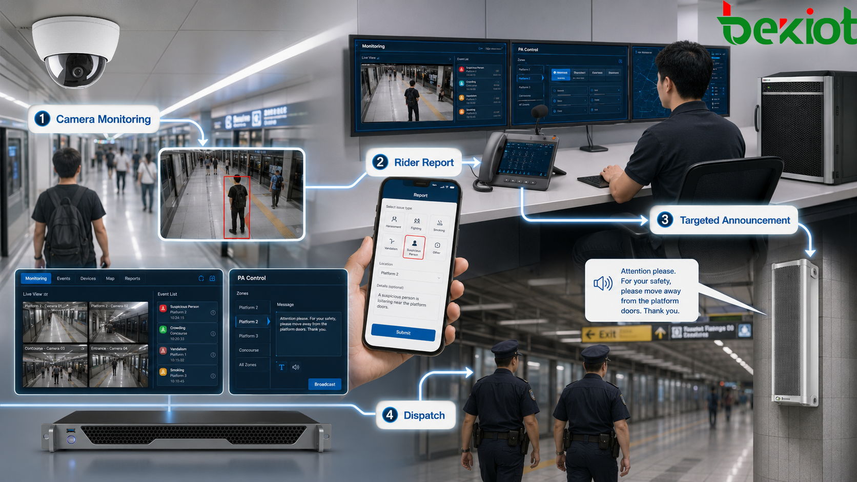 Digital PA system workflow for subway station safety showing camera monitoring, rider app report, targeted announcement and enforcement dispatch