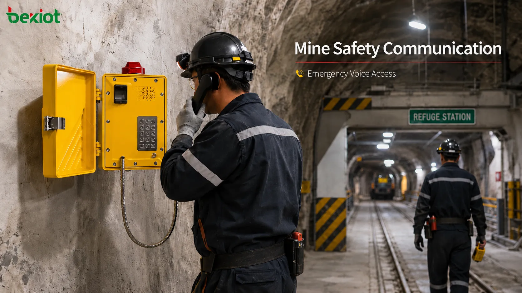 Mine explosion-proof telephone installed underground near a refuge area with worker calling control room emergency dispatch system and hazardous mine roadway communication