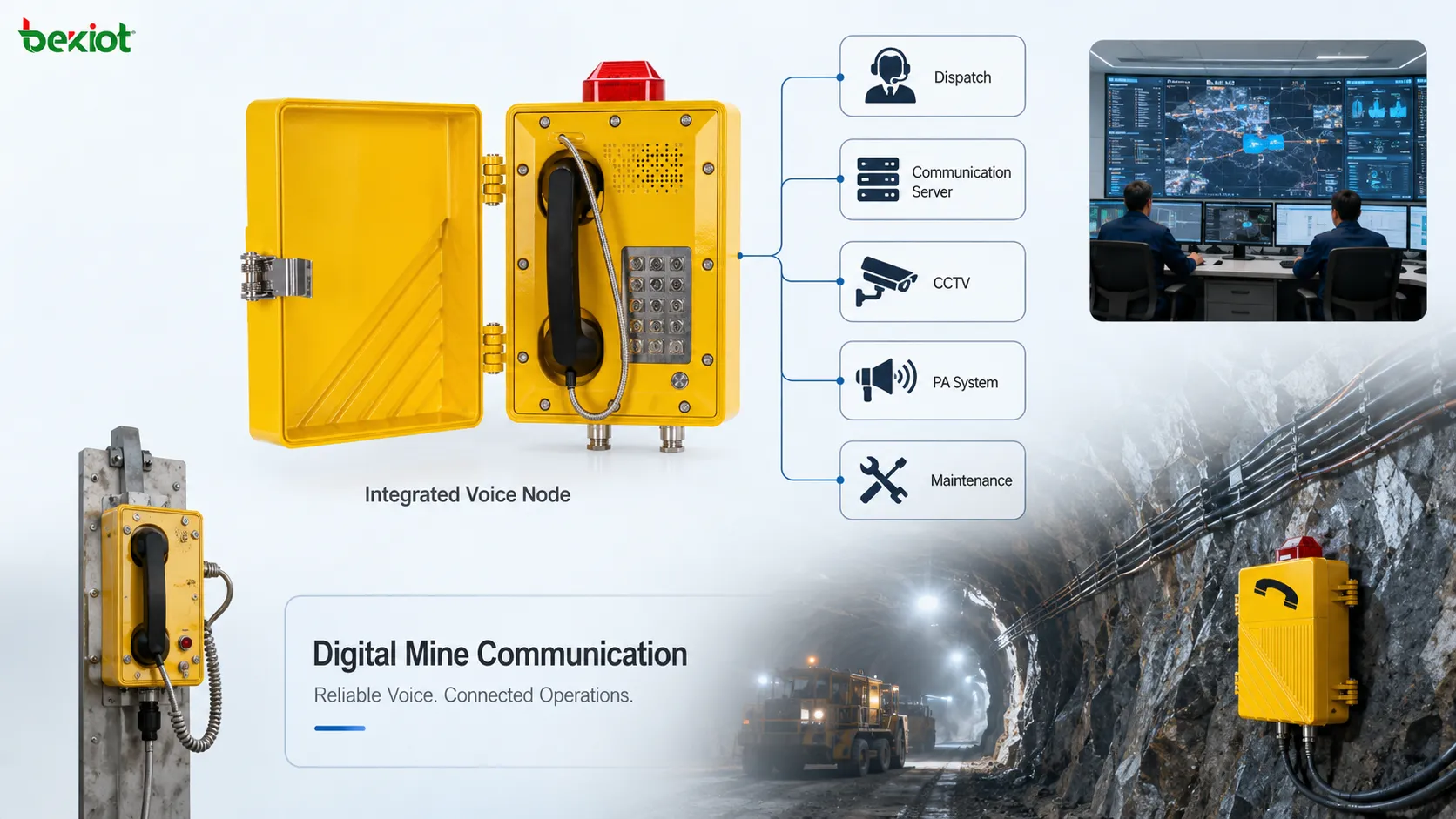 Mine explosion-proof telephone application areas showing underground roadway coal face pump room conveyor belt shaft station refuge chamber and surface control room