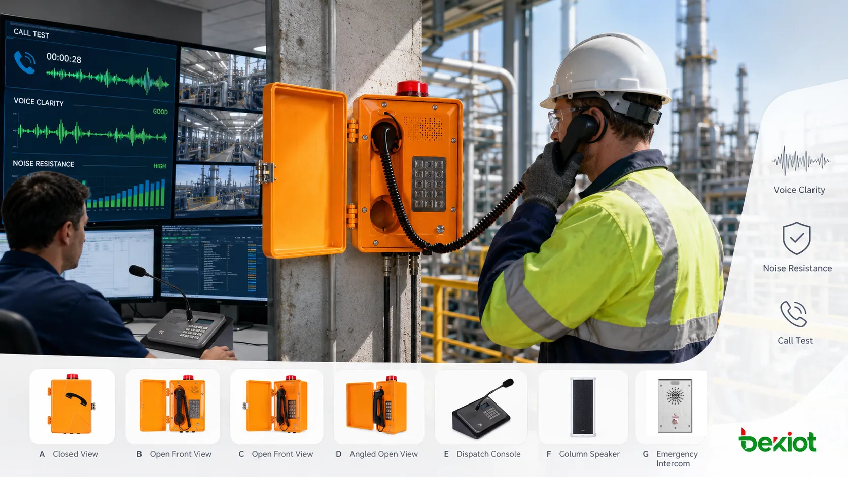 Industrial telephone voice quality test in factory showing wall-mounted rugged phone worker speaking control room operator machinery noise and audio checklist