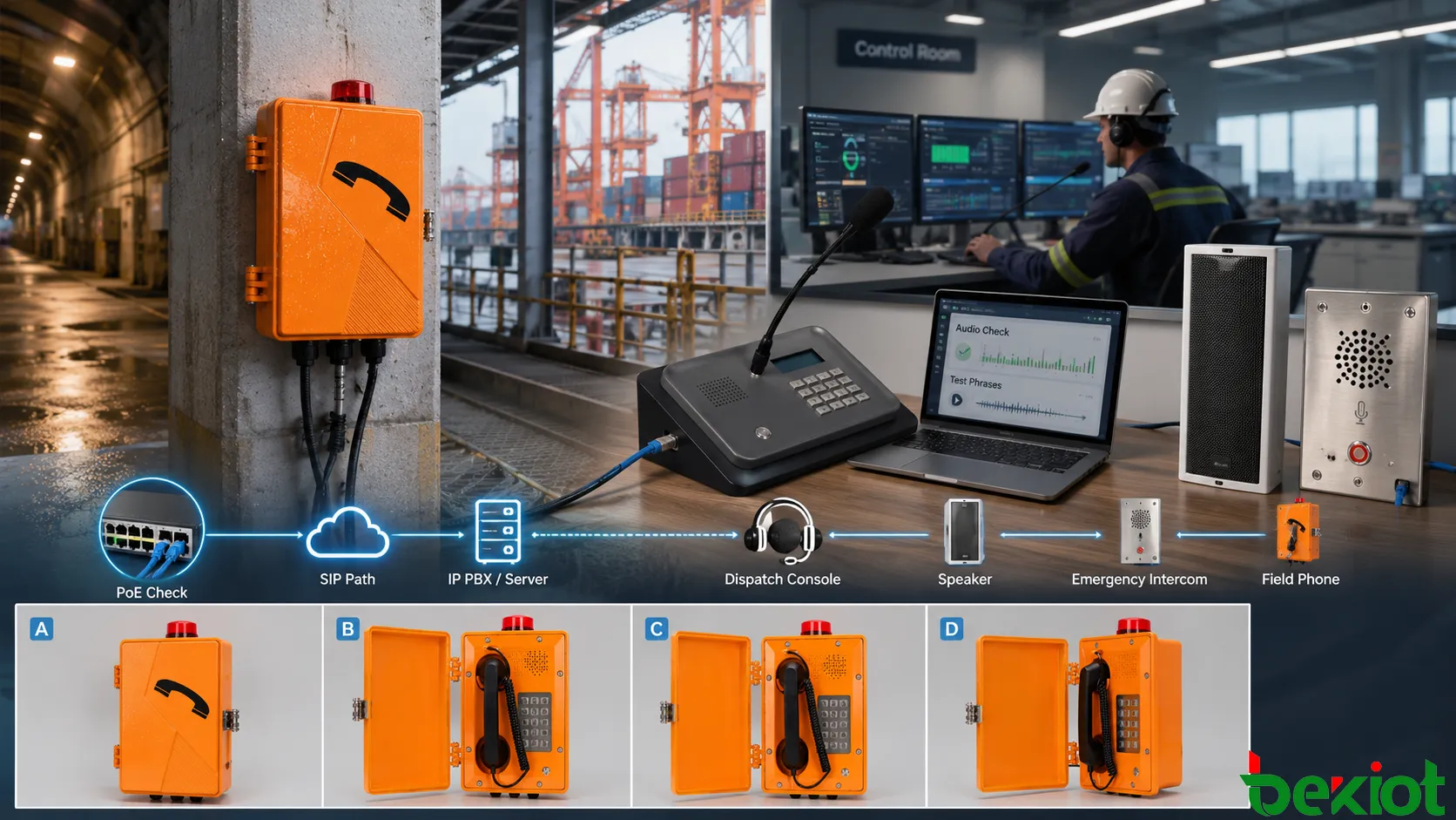 Industrial telephone audio test preparation showing test phrases SIP registration network path control room headset analog line check and real noise source
