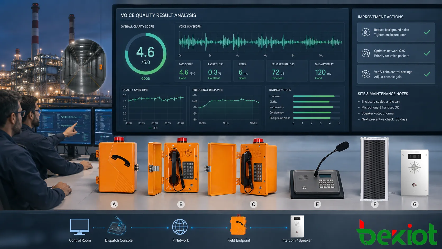 Industrial telephone voice quality result analysis showing audio clarity score packet loss jitter echo delay user feedback maintenance record and improvement actions