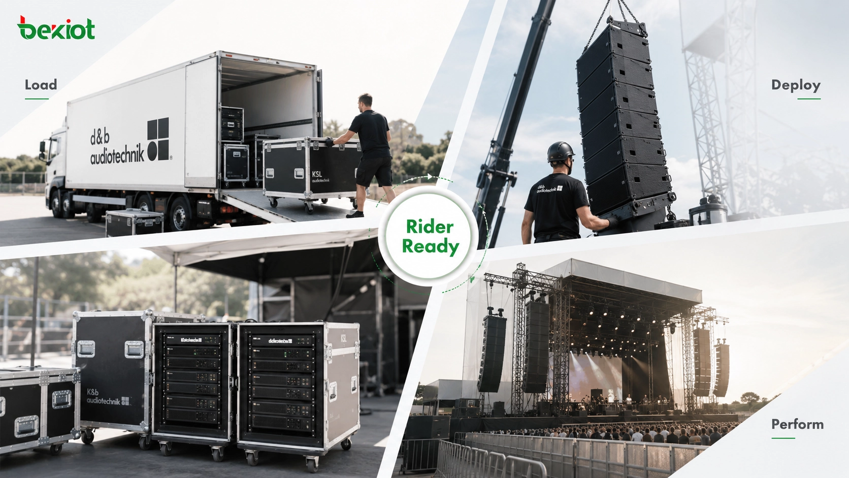 Touring production crew preparing a rider-ready PA system with line array modules amplifiers and stage audio control