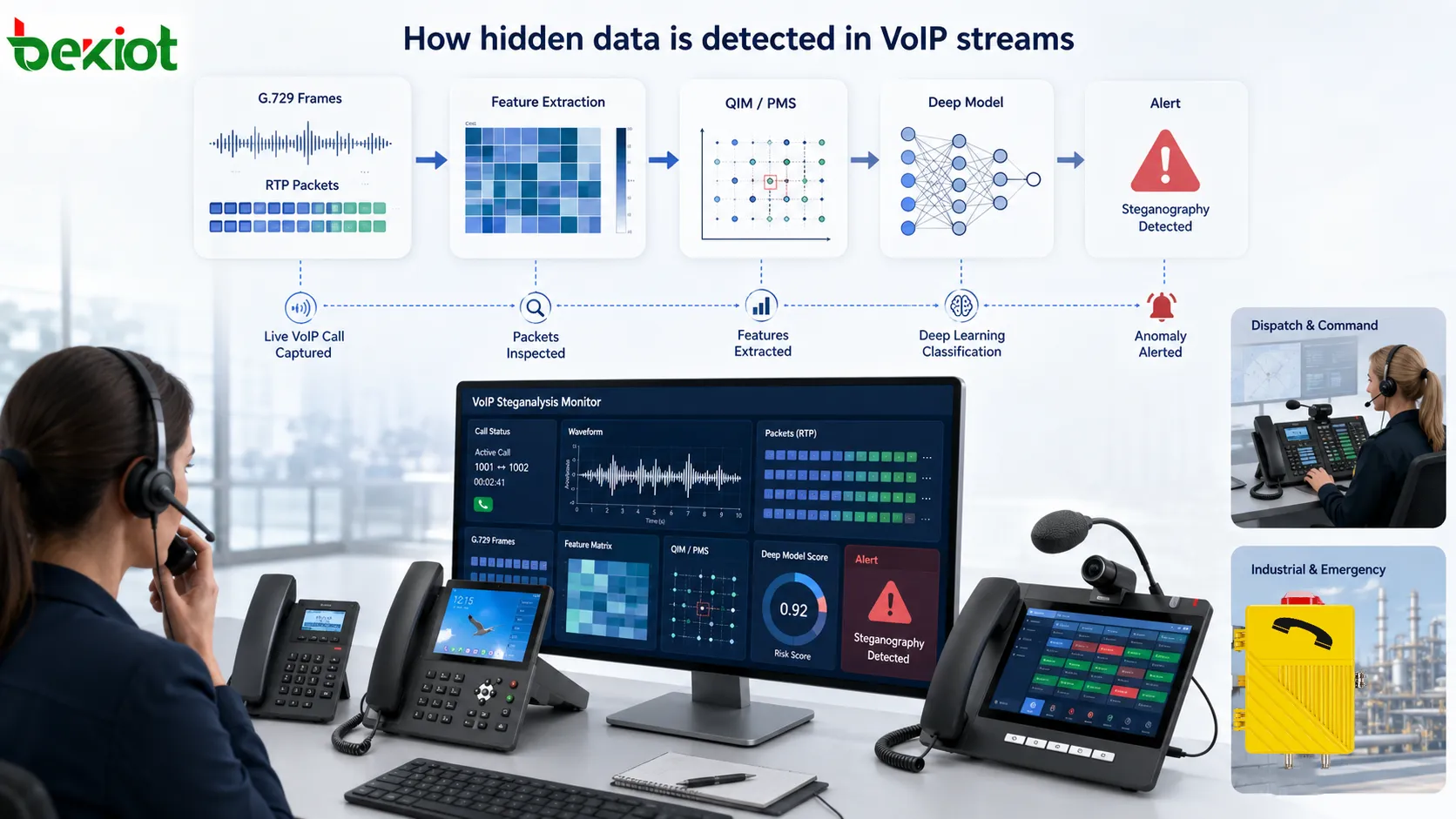 VoIP steganalysis workflow showing G.729 speech frames, statistical feature extraction, QIM and PMS pattern detection, deep neural network classification and real-time security monitoring