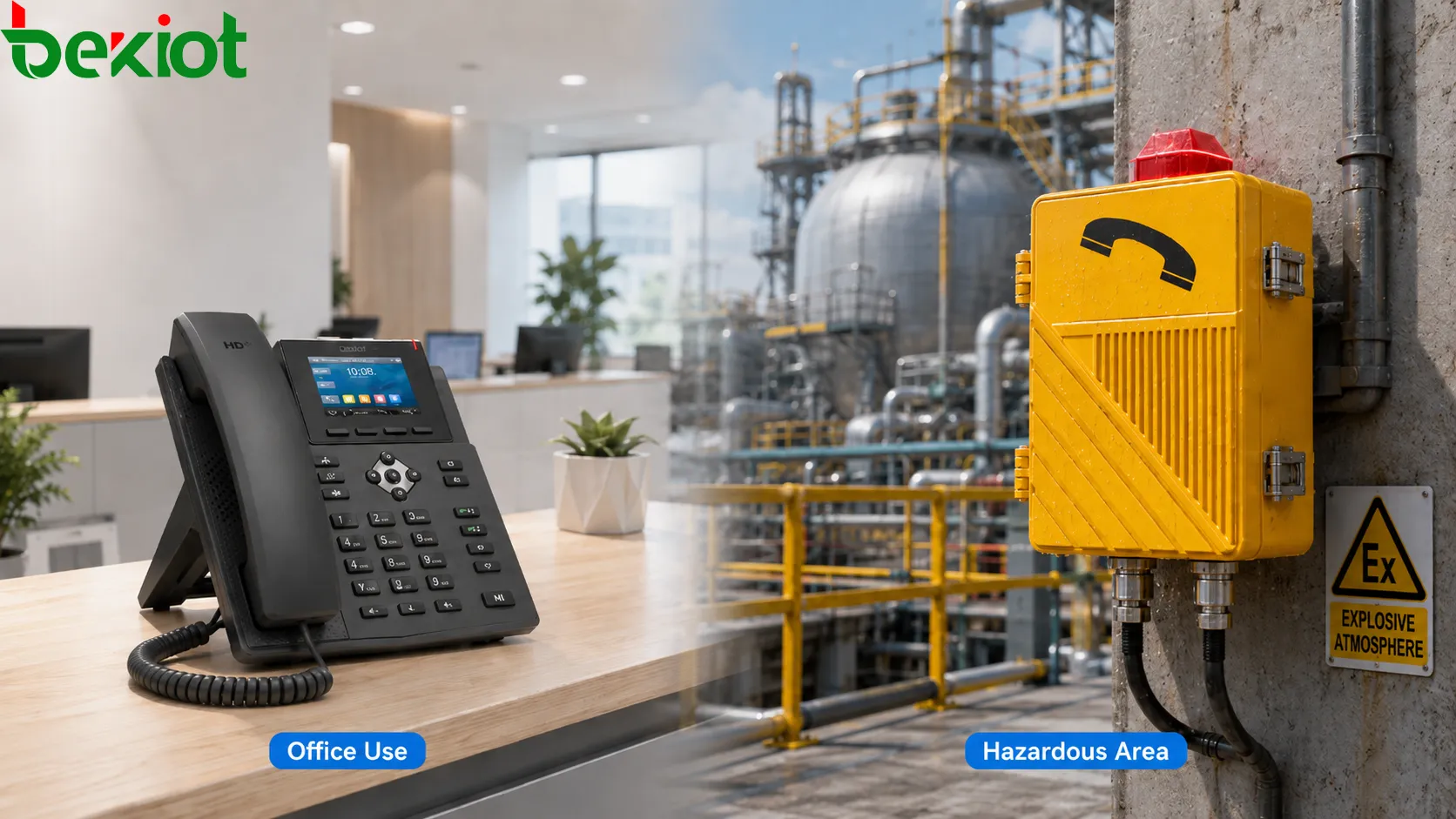 Explosion-proof telephone compared with ordinary telephone showing hazardous industrial area office desk control room chemical plant mine tunnel and safe communication purpose