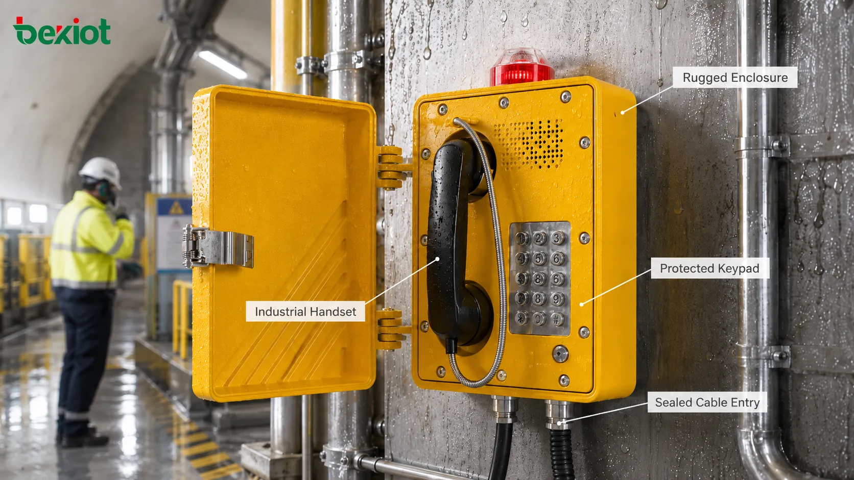 Explosion-proof telephone durable structure showing rugged metal enclosure protected keypad industrial handset sealed cable gland speaker grille and harsh site installation
